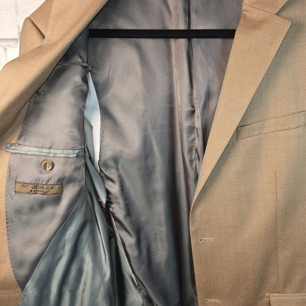 PRONTO MODA ITALIAN MADE 100% LAMBS WOOL TAN MENS BLAZER 42R PROFESSIONAL